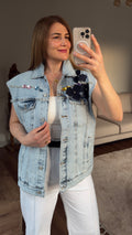 Taş ve çiçek detaylı denim yelek