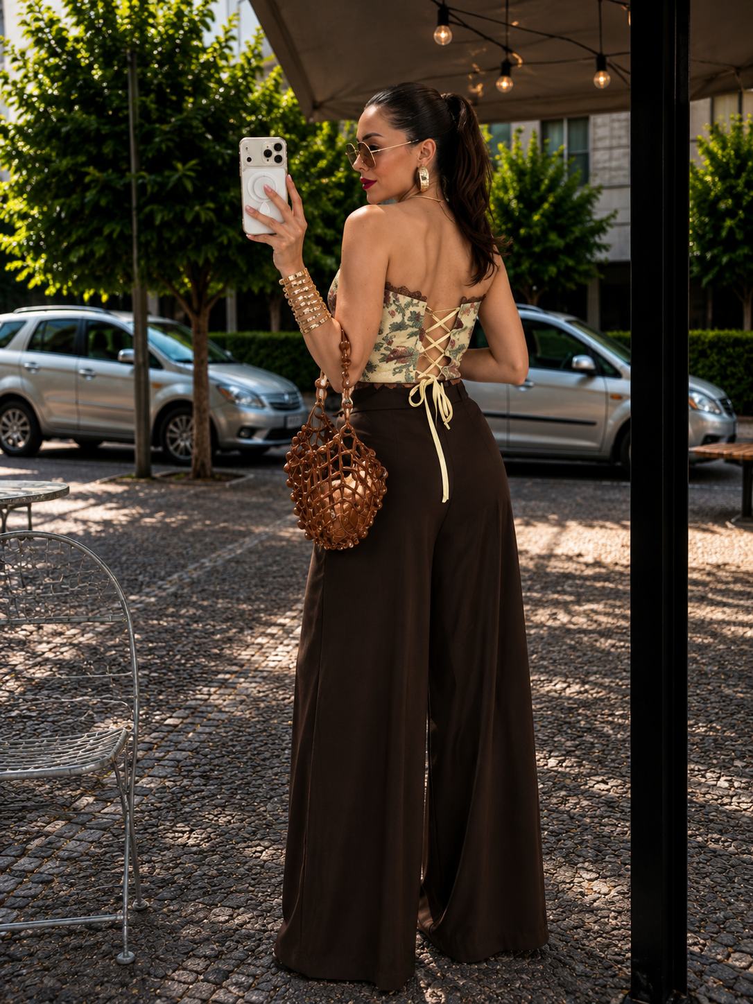 Senita Kahve Vintage Çiçek Desen Korse Büstiyer