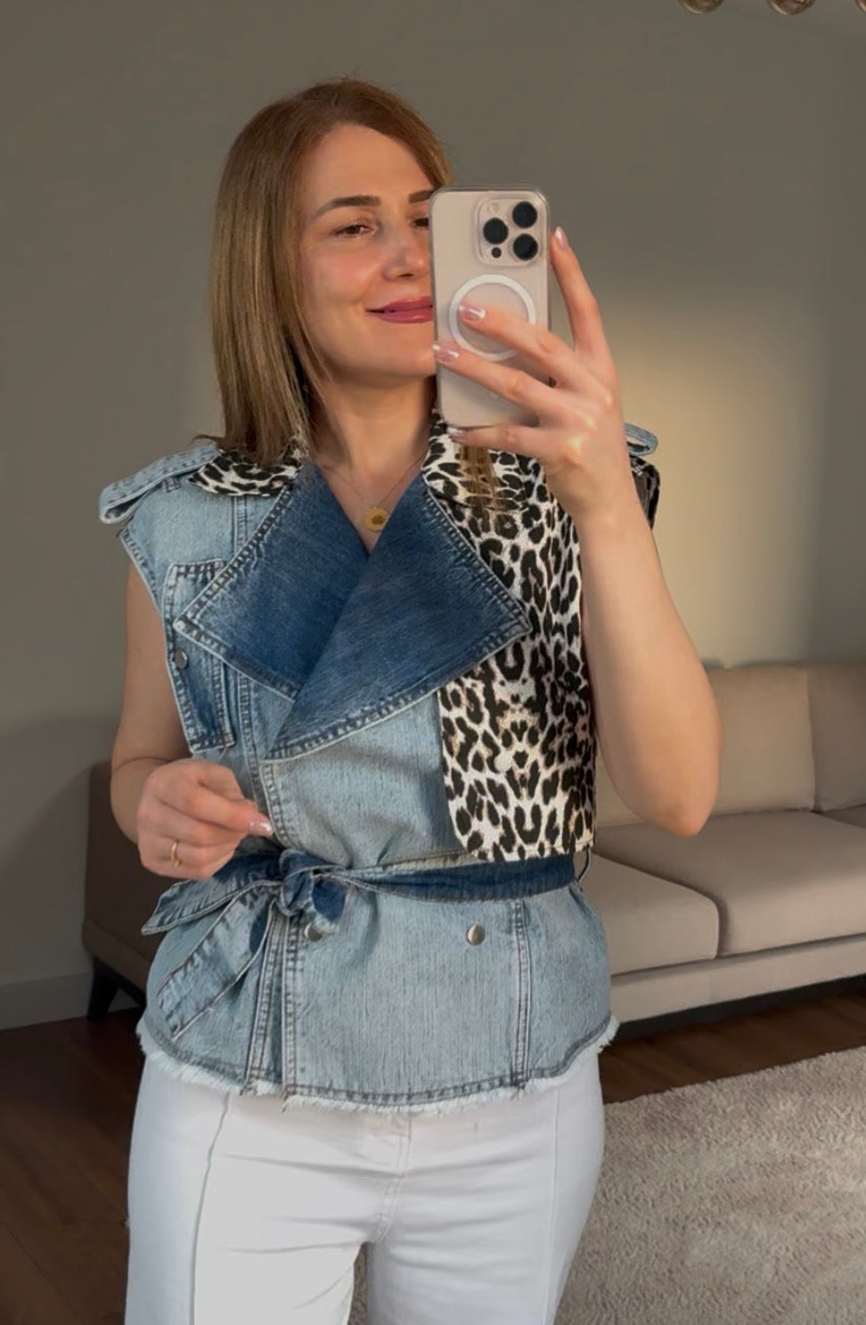 Leopar desenli denim yelek