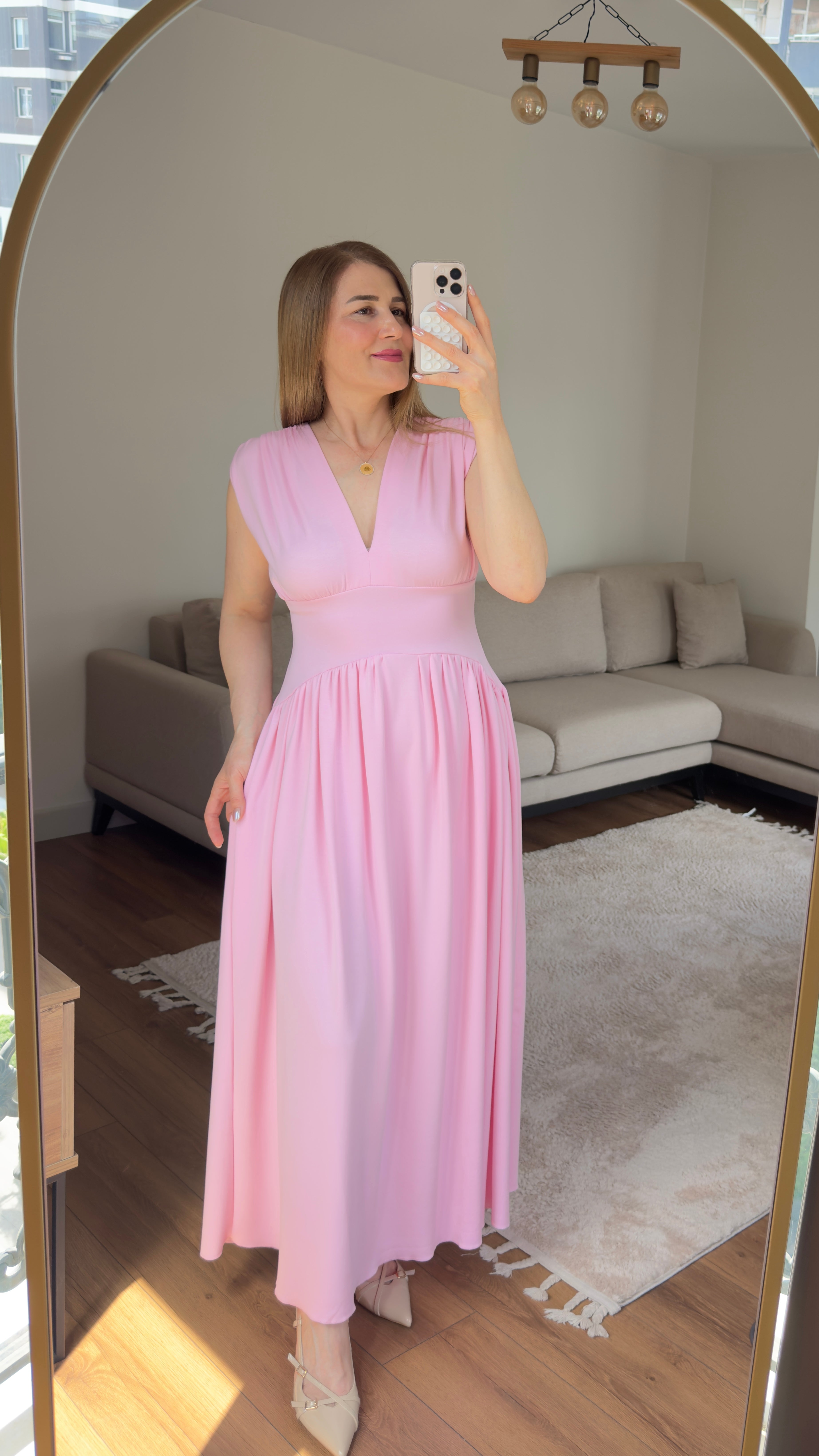 Pembe Modal Elbise Kadın Akışkan & Zarif Uzun Elbise