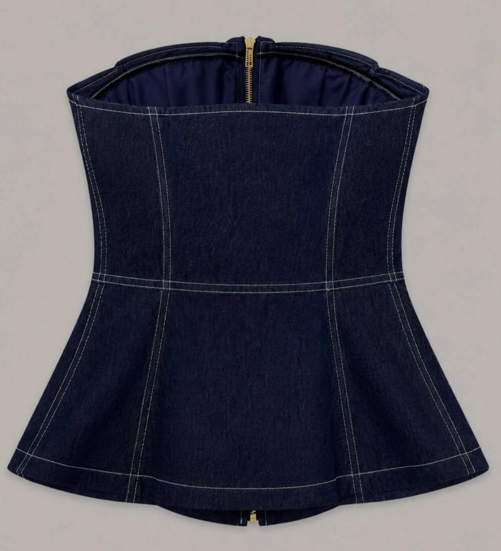 Gold Düğme ve Fermuar Detaylı Denim Peplum Büstiyer