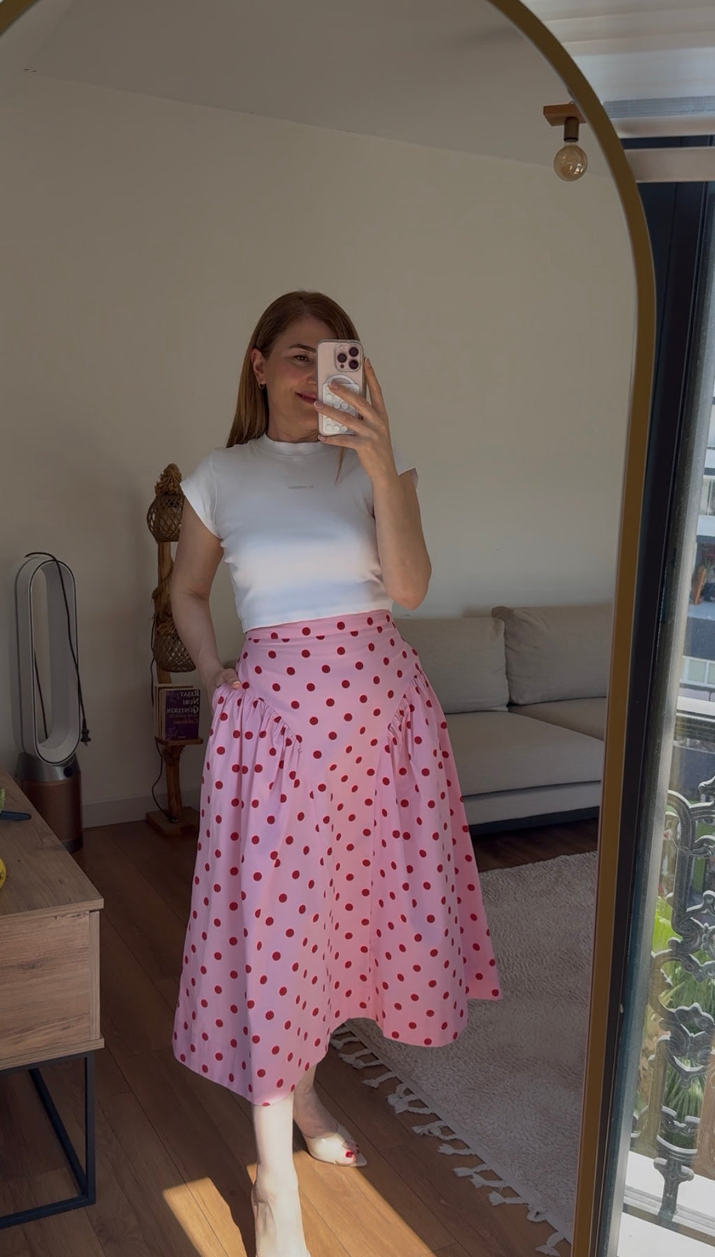 Pembe Puantiye Desenli Yüksek Bel Midi Etek