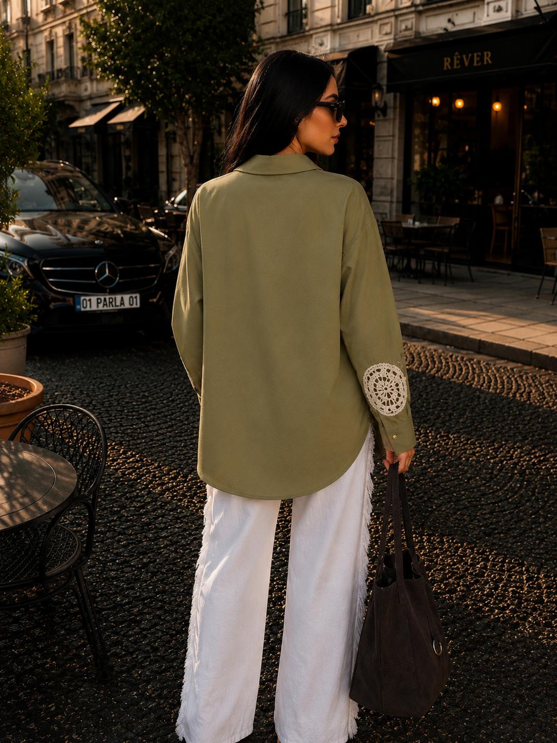 Güpür İşlemeli Oversize yeşil(olive) gömlek