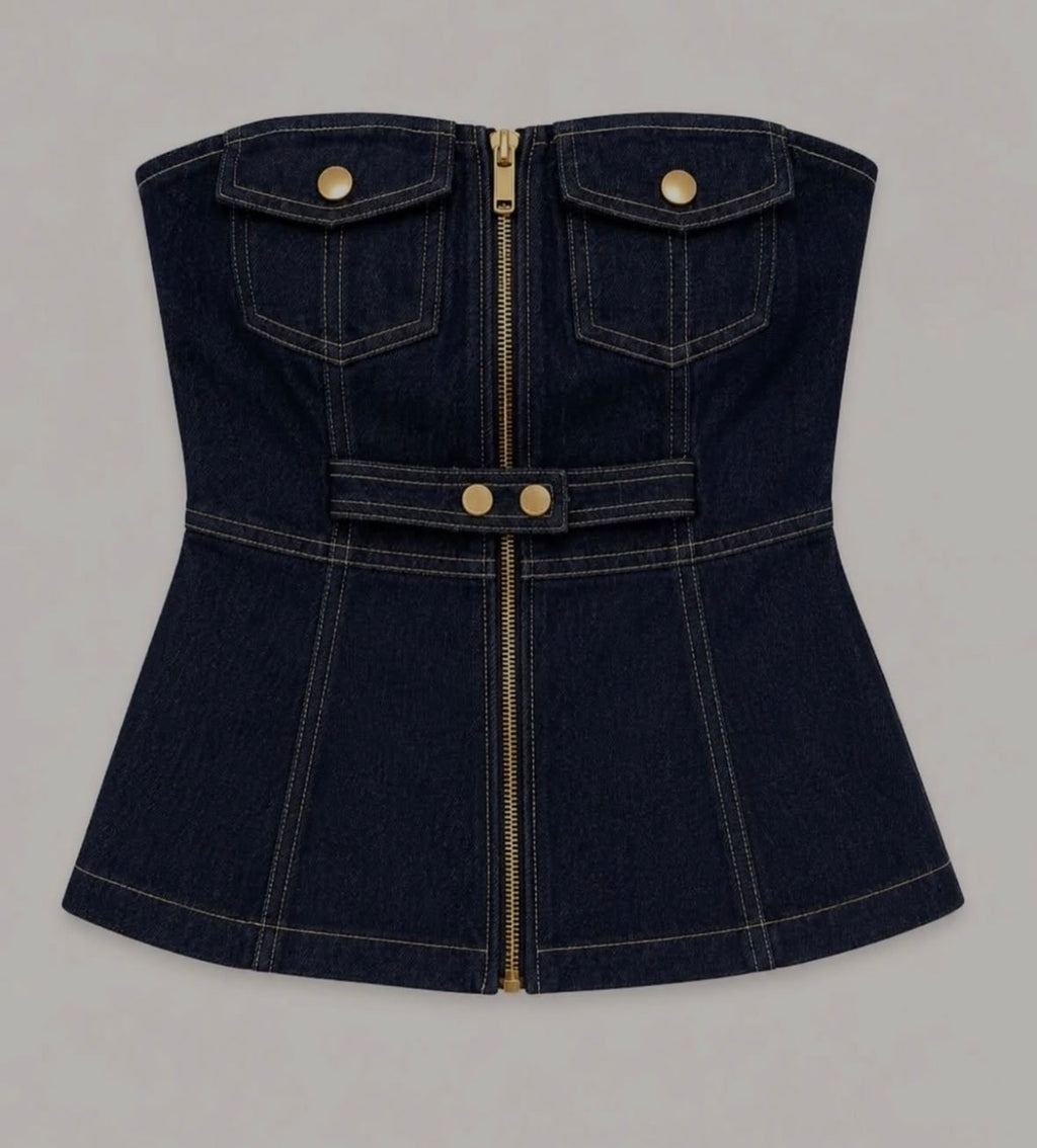 Gold Düğme ve Fermuar Detaylı Denim Peplum Büstiyer