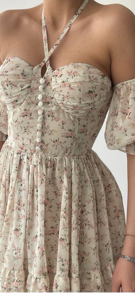 Krem Çiçekli Straplez Mini Elbise