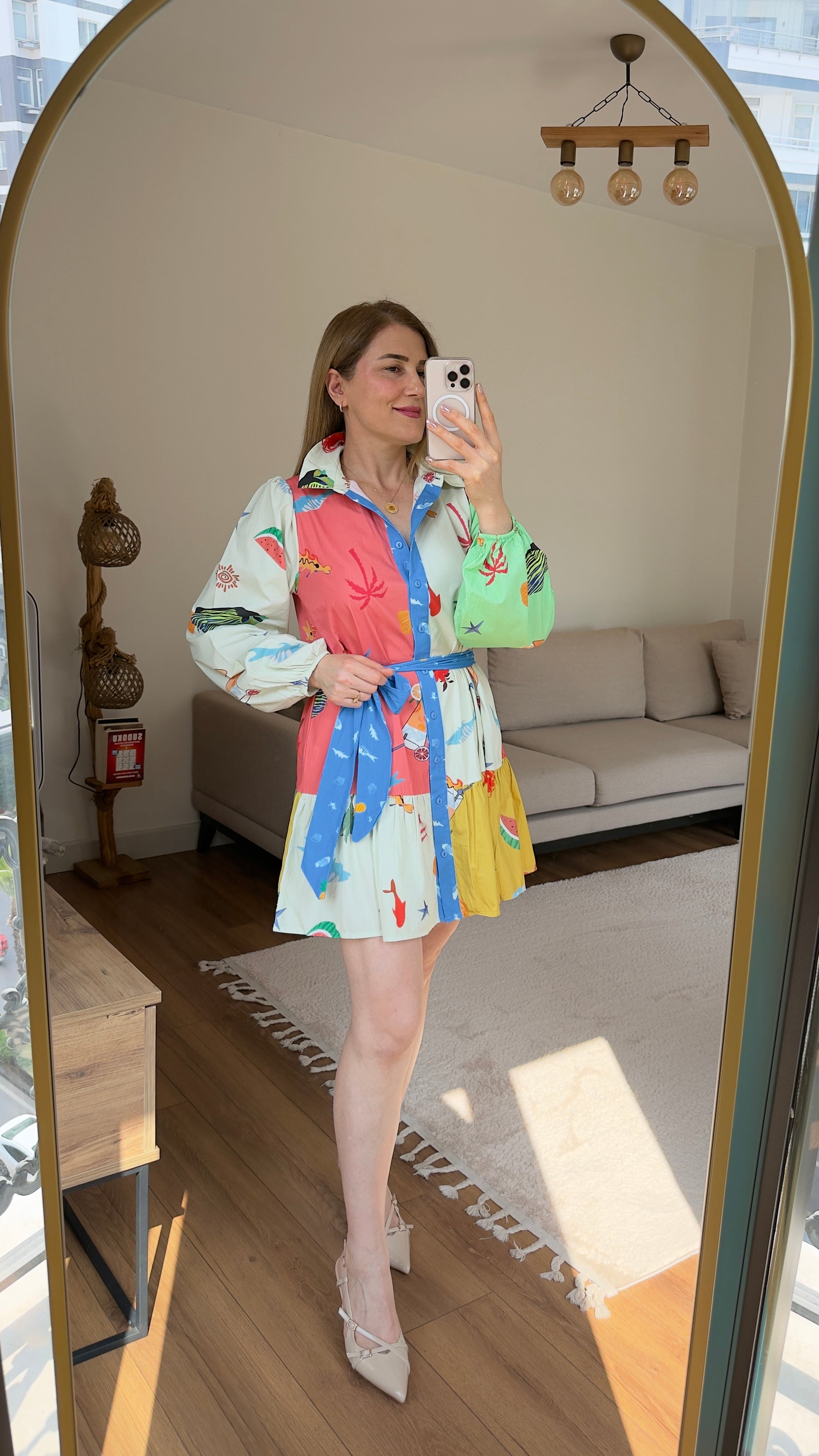 Renkli Desenli Kuşaklı Mini Elbise