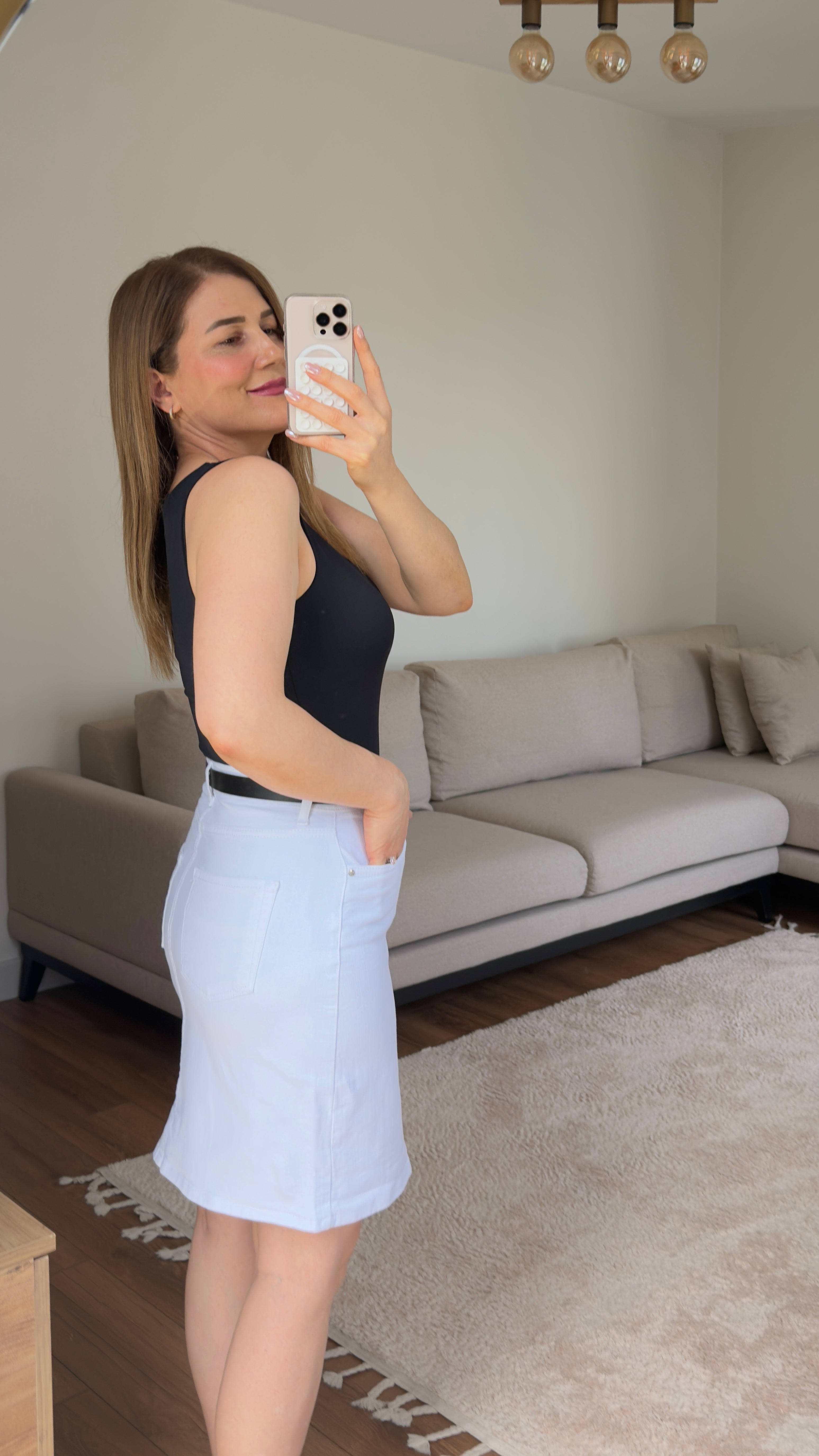 Beyaz,likralı,kendinden kemer denim etek