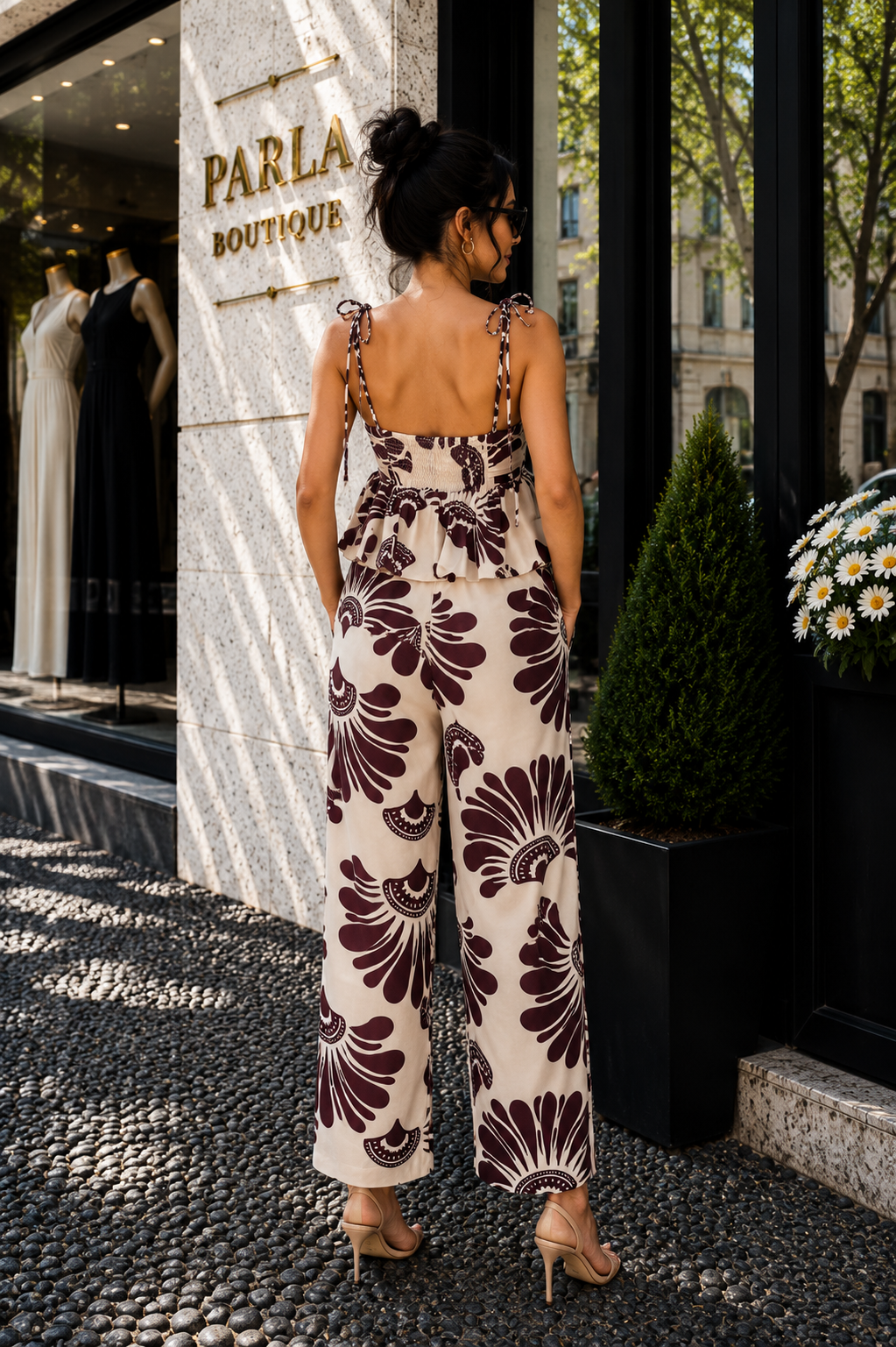 Desenli Delfina İp Askılı Bluz Pantolon Takım Pantolon Takım