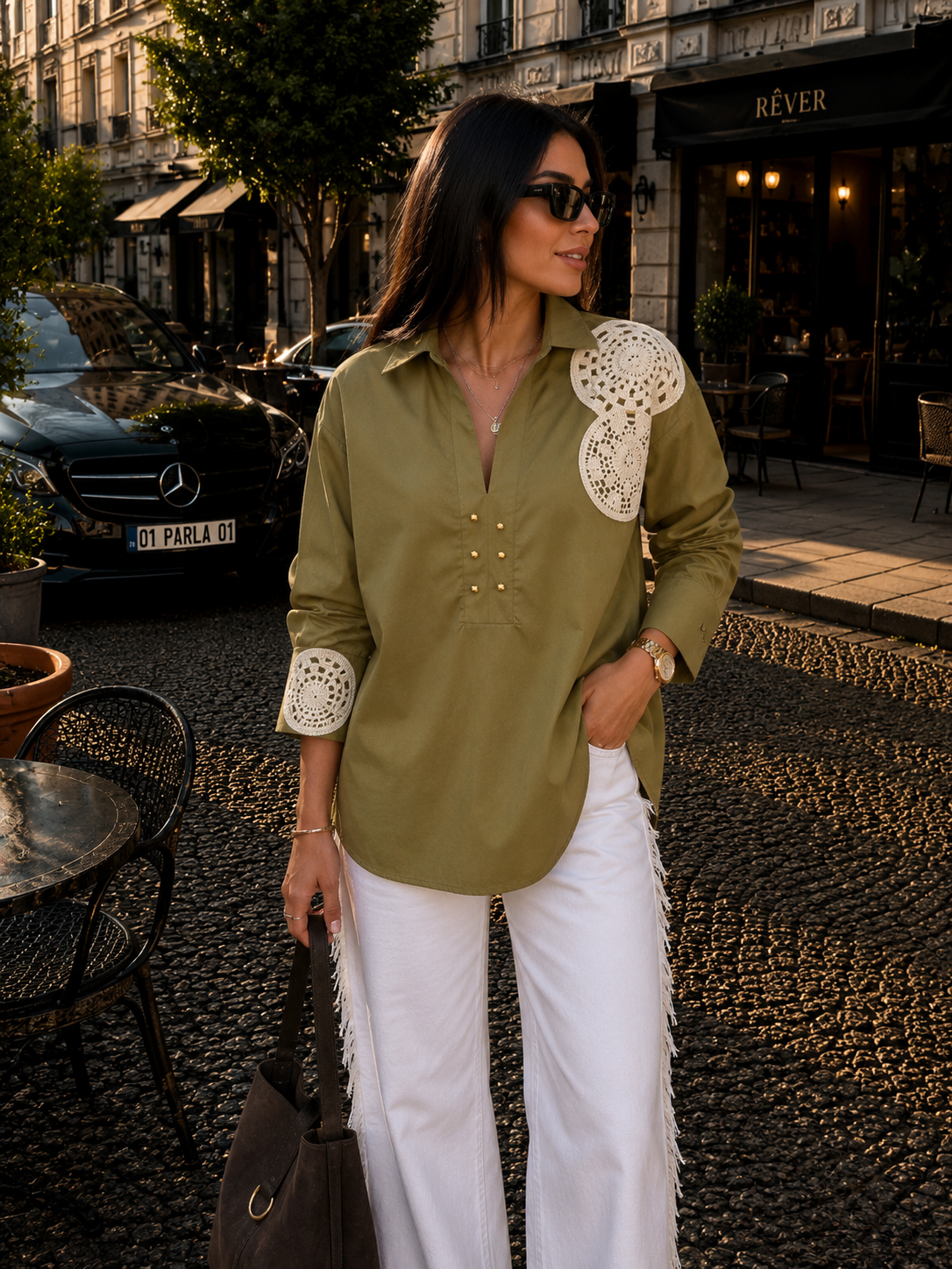 Güpür İşlemeli Oversize yeşil(olive) gömlek