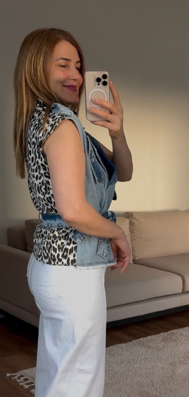 Leopar desenli denim yelek