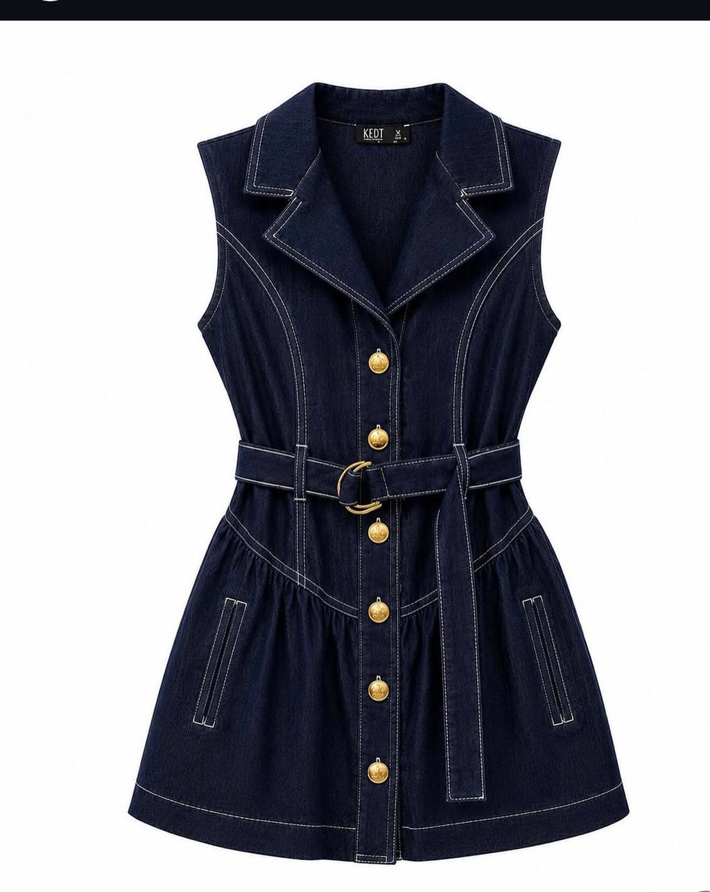 Gold düğme detaylı denim elbise