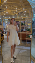 Taş İşlemeli Dantel Etek Ucu Beyaz Mini Elbise