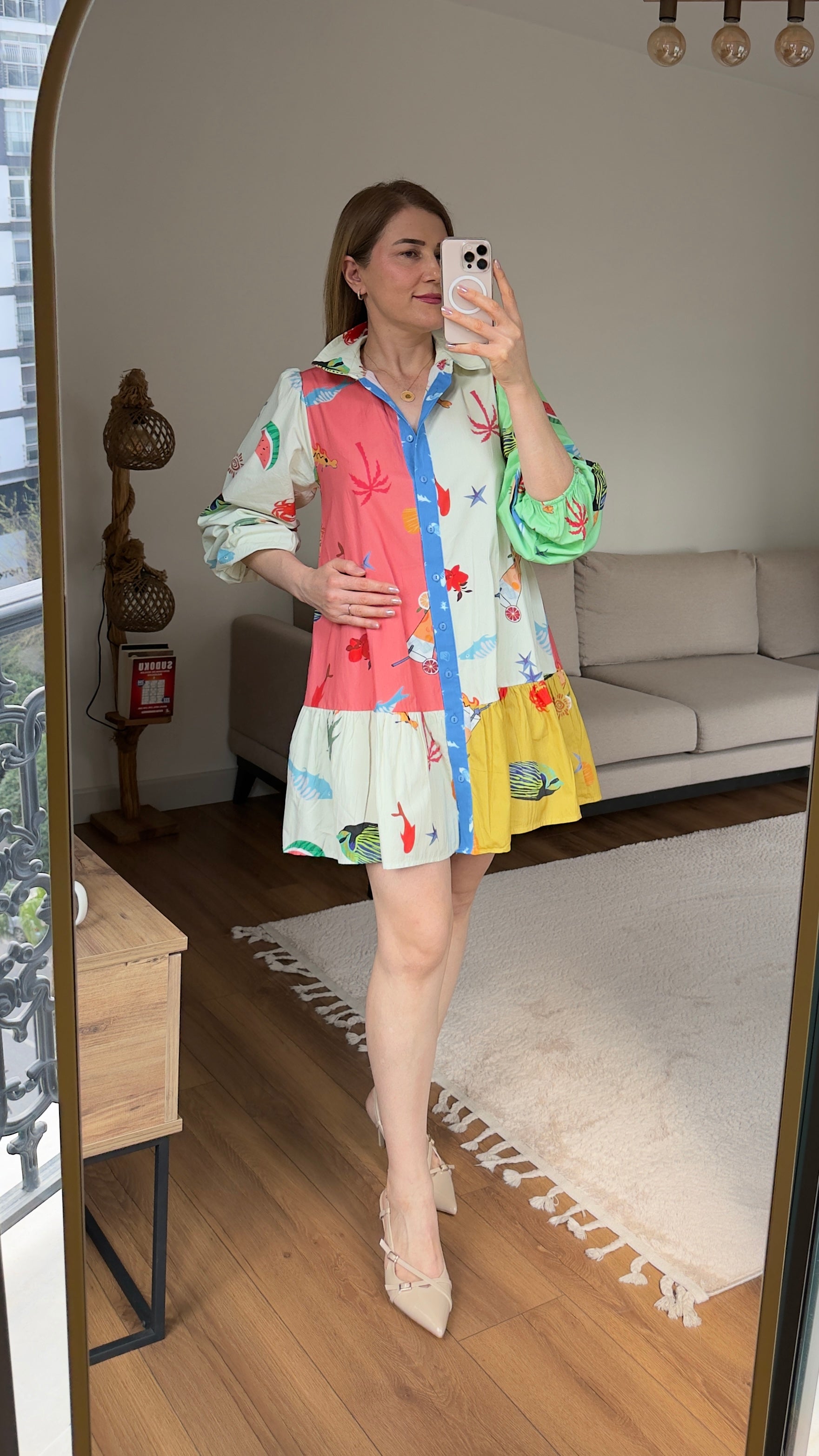 Renkli Desenli Kuşaklı Mini Elbise