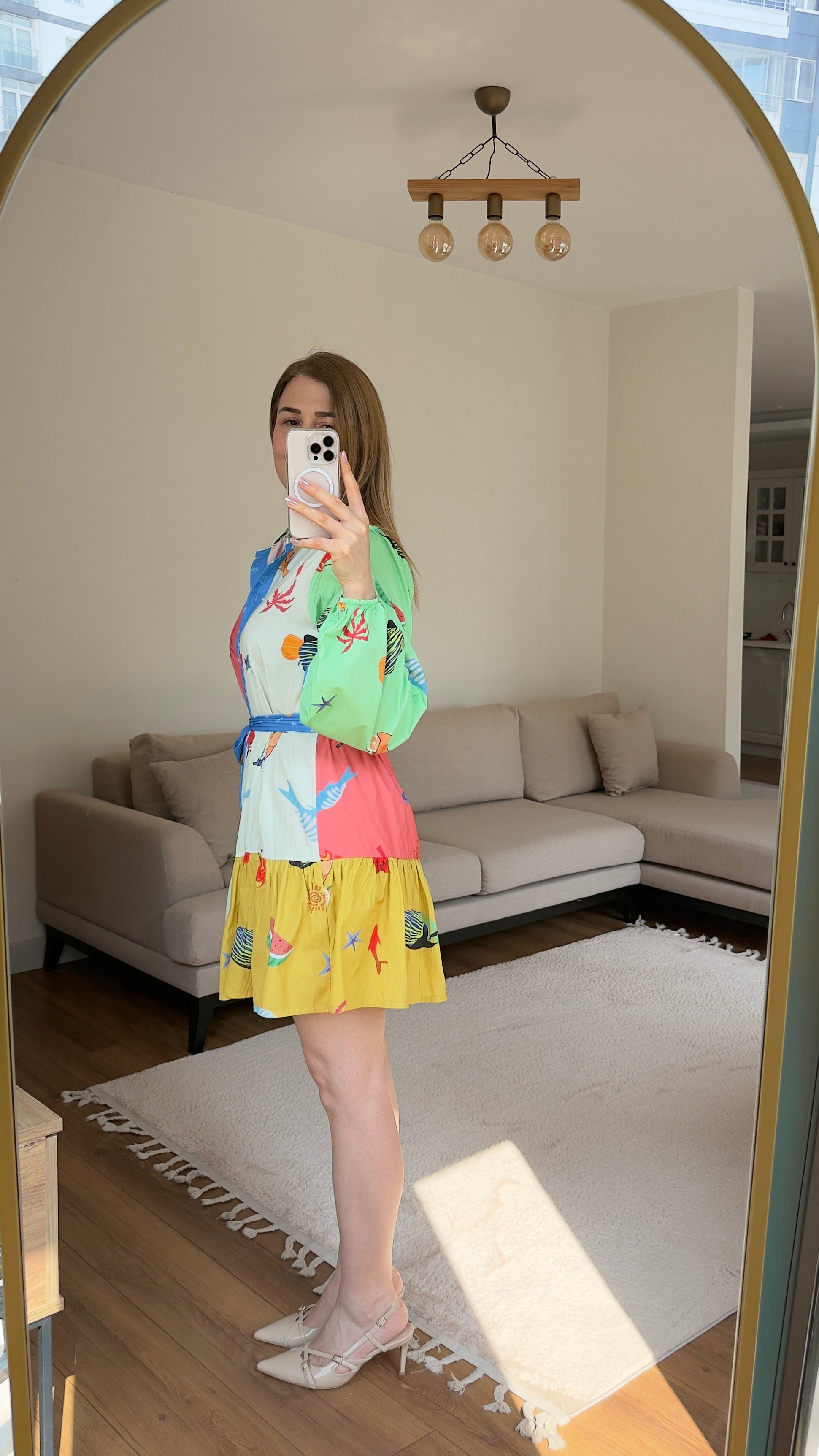 Renkli Desenli Kuşaklı Mini Elbise