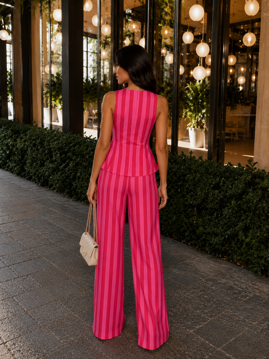PEMBE HAMON ÇİZGİLİ BLUZ PANTOLON TAKIM