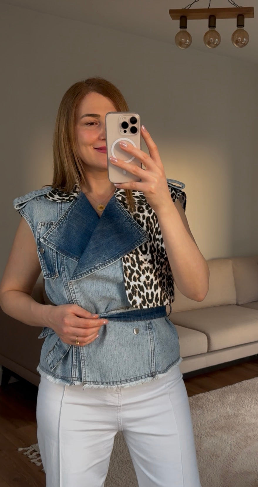 Leopar desenli denim yelek