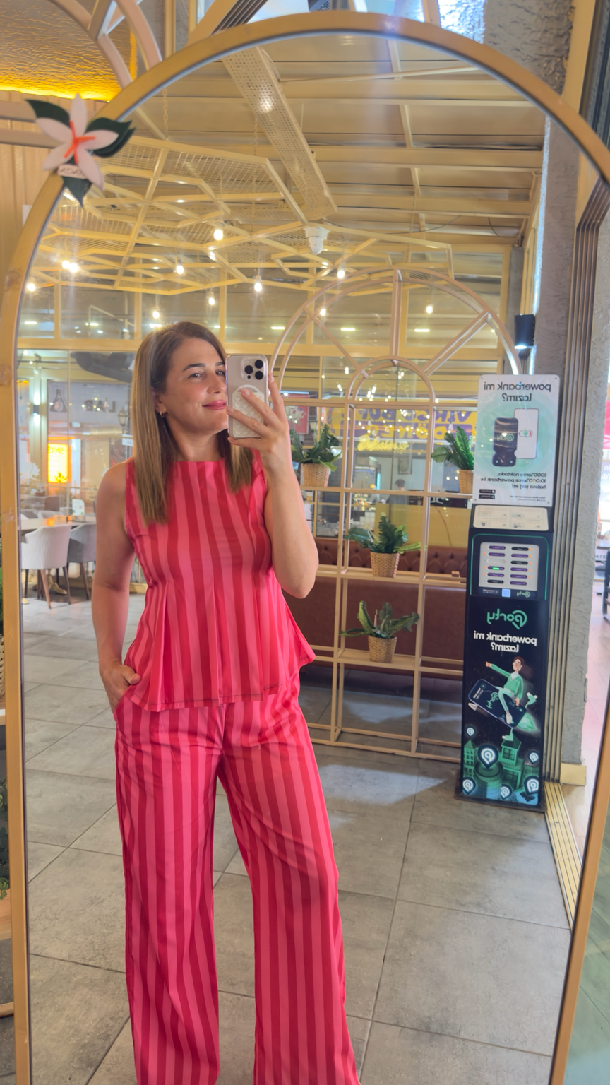 PEMBE HAMON ÇİZGİLİ BLUZ PANTOLON TAKIM
