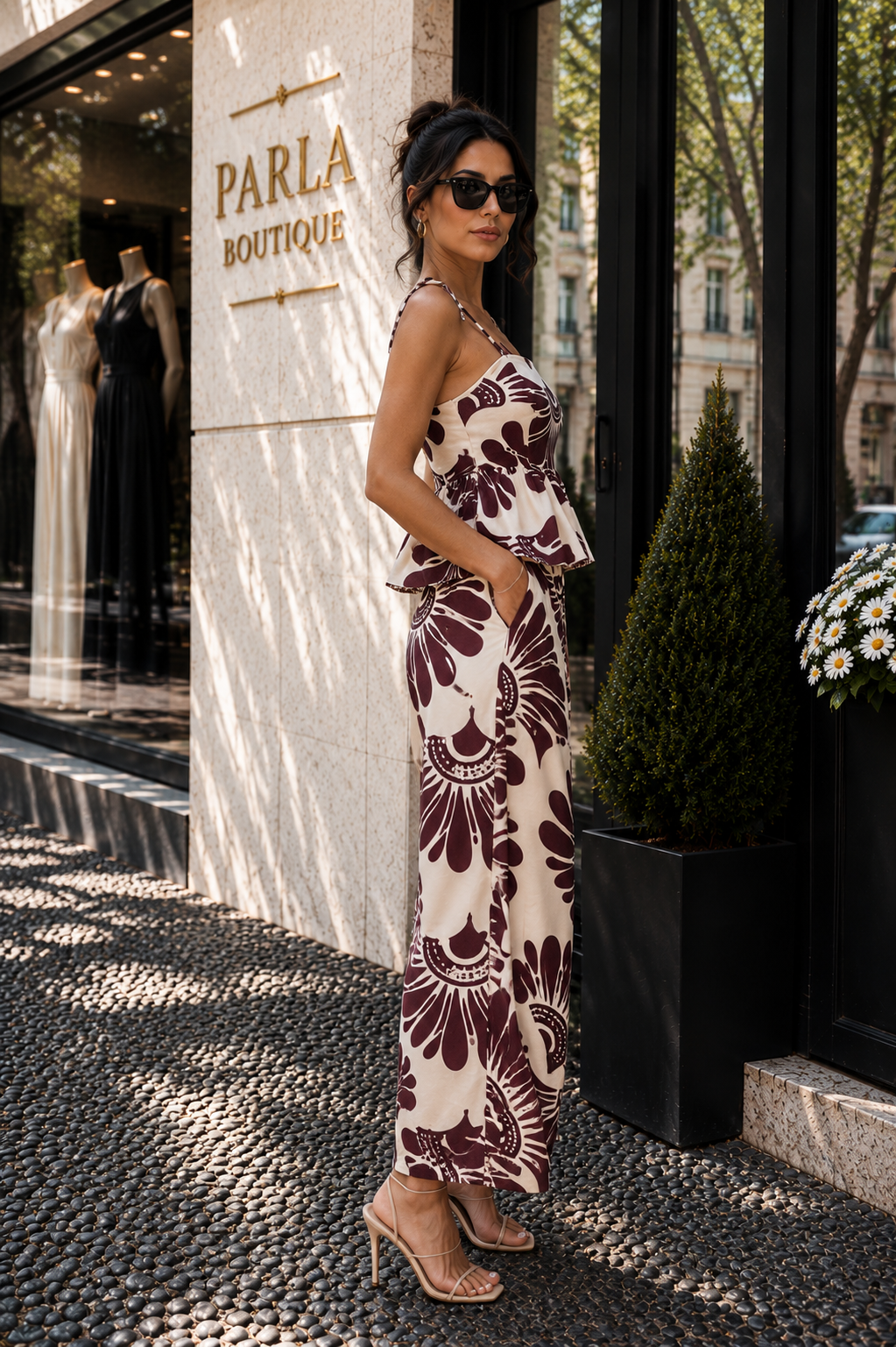 Desenli Delfina İp Askılı Bluz Pantolon Takım Pantolon Takım