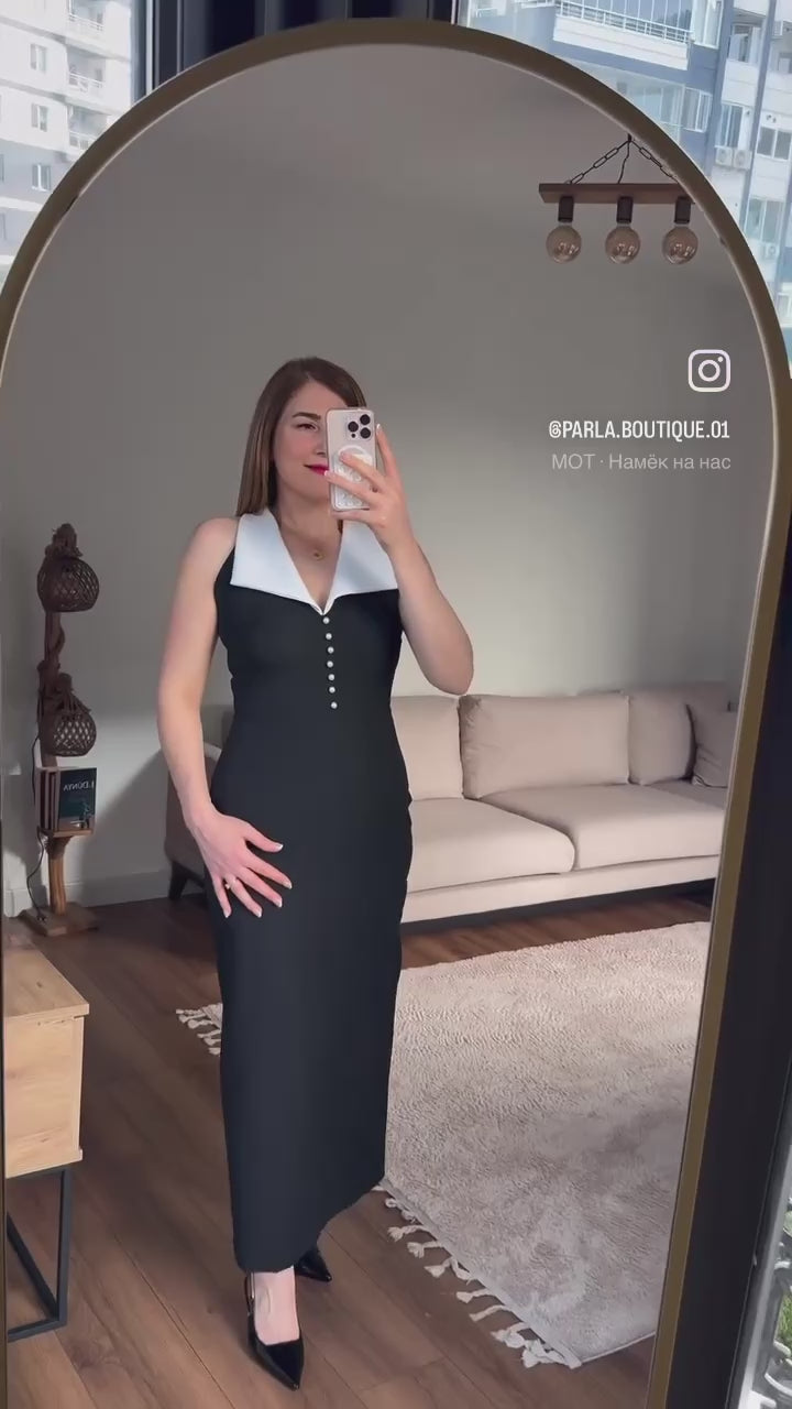 İnci Düğmeli Fiyonk Detaylı Kontrast Yaka Maxi Elbise