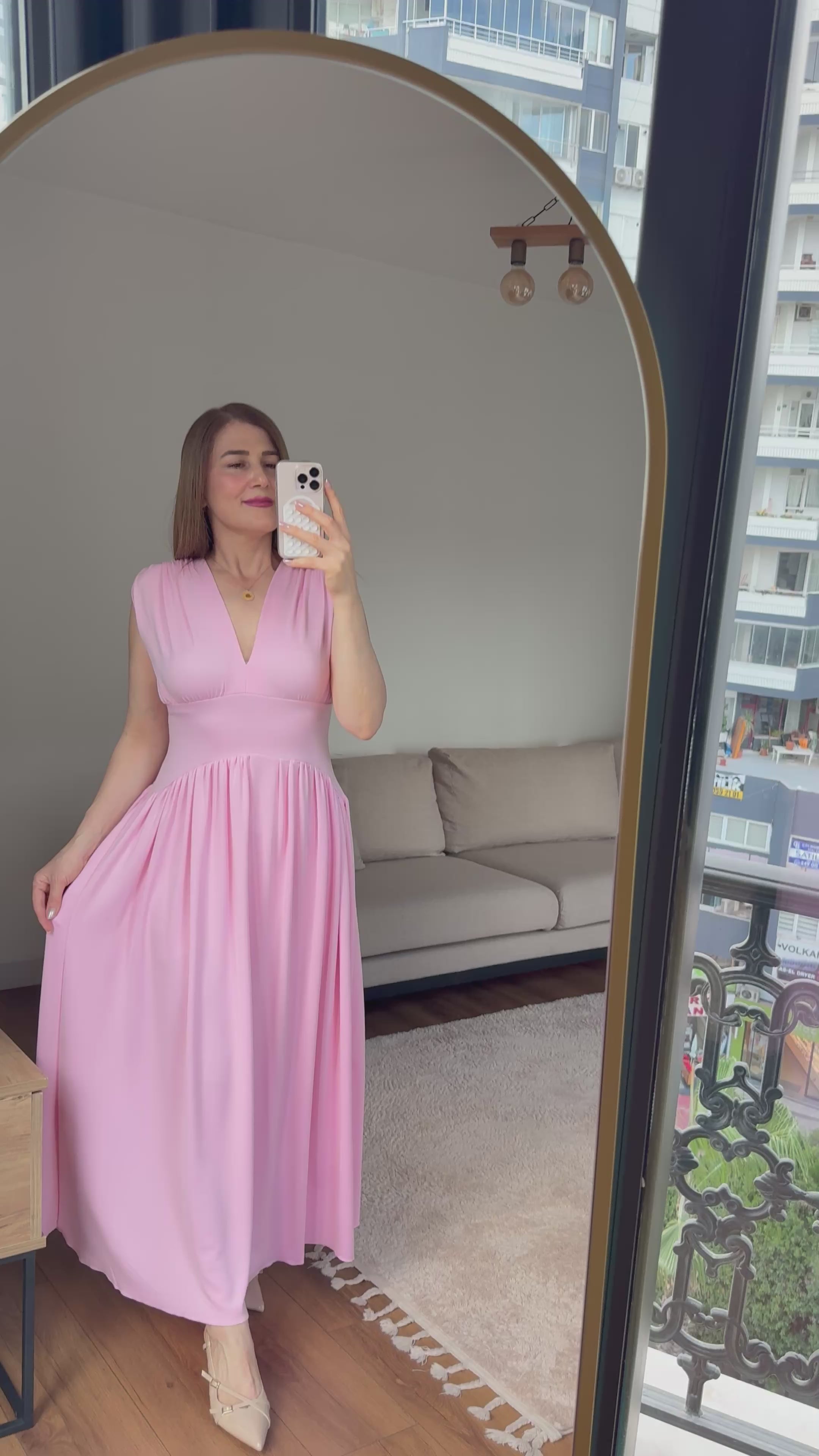 Pembe Modal Elbise Kadın Akışkan & Zarif Uzun Elbise