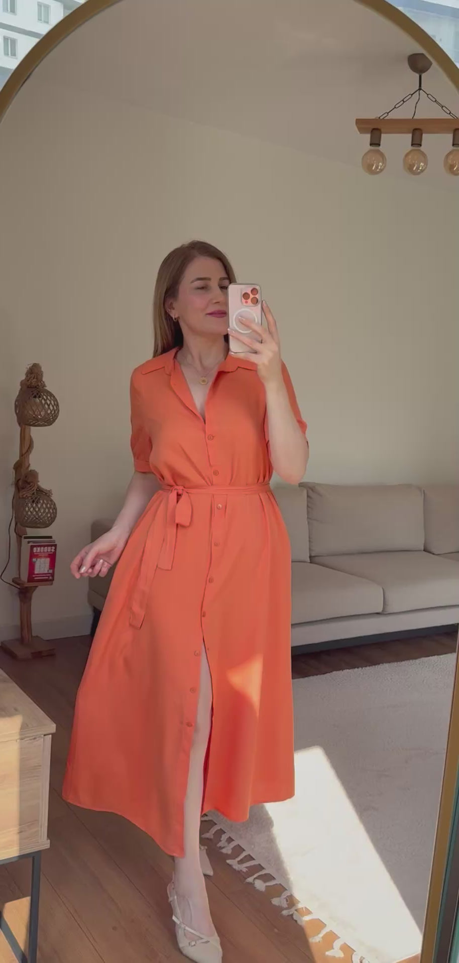 Turuncu Kuşaklı Gömlek Elbise