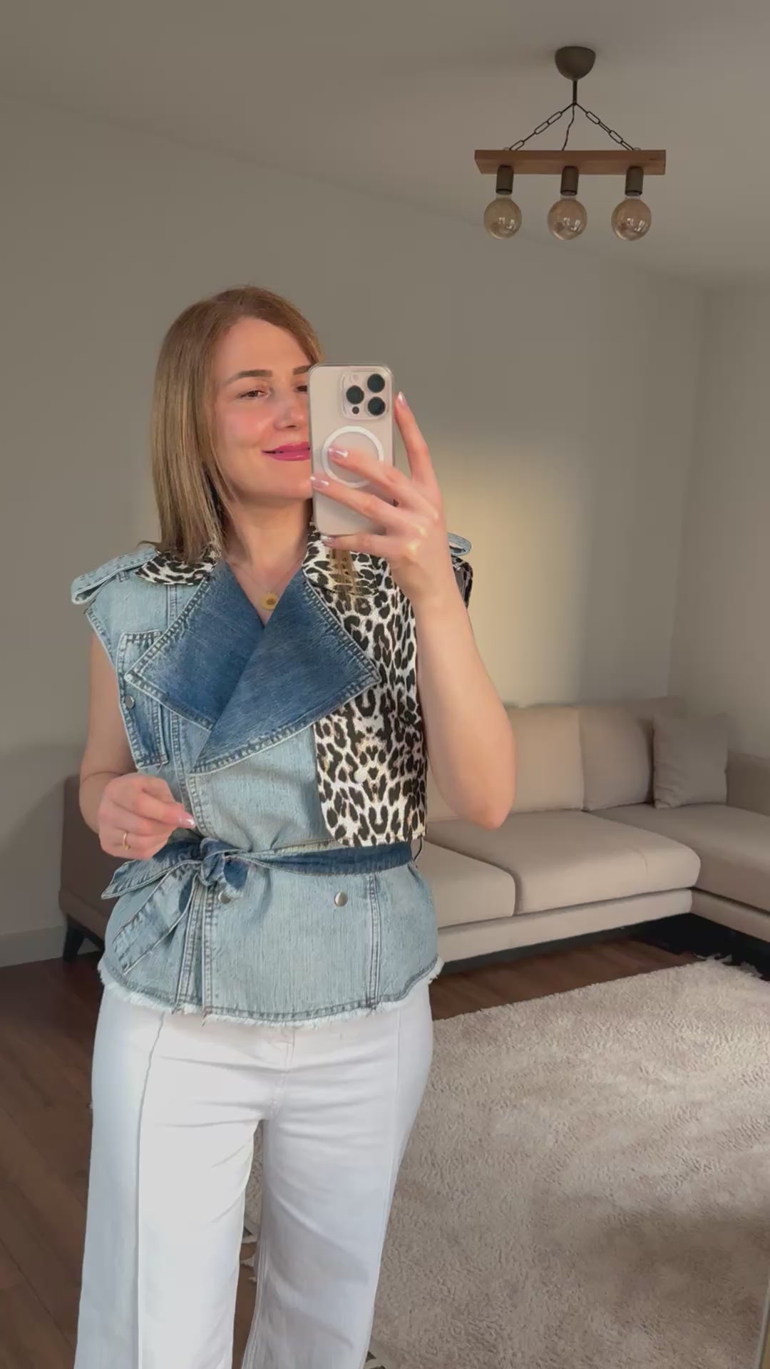 Leopar desenli denim yelek