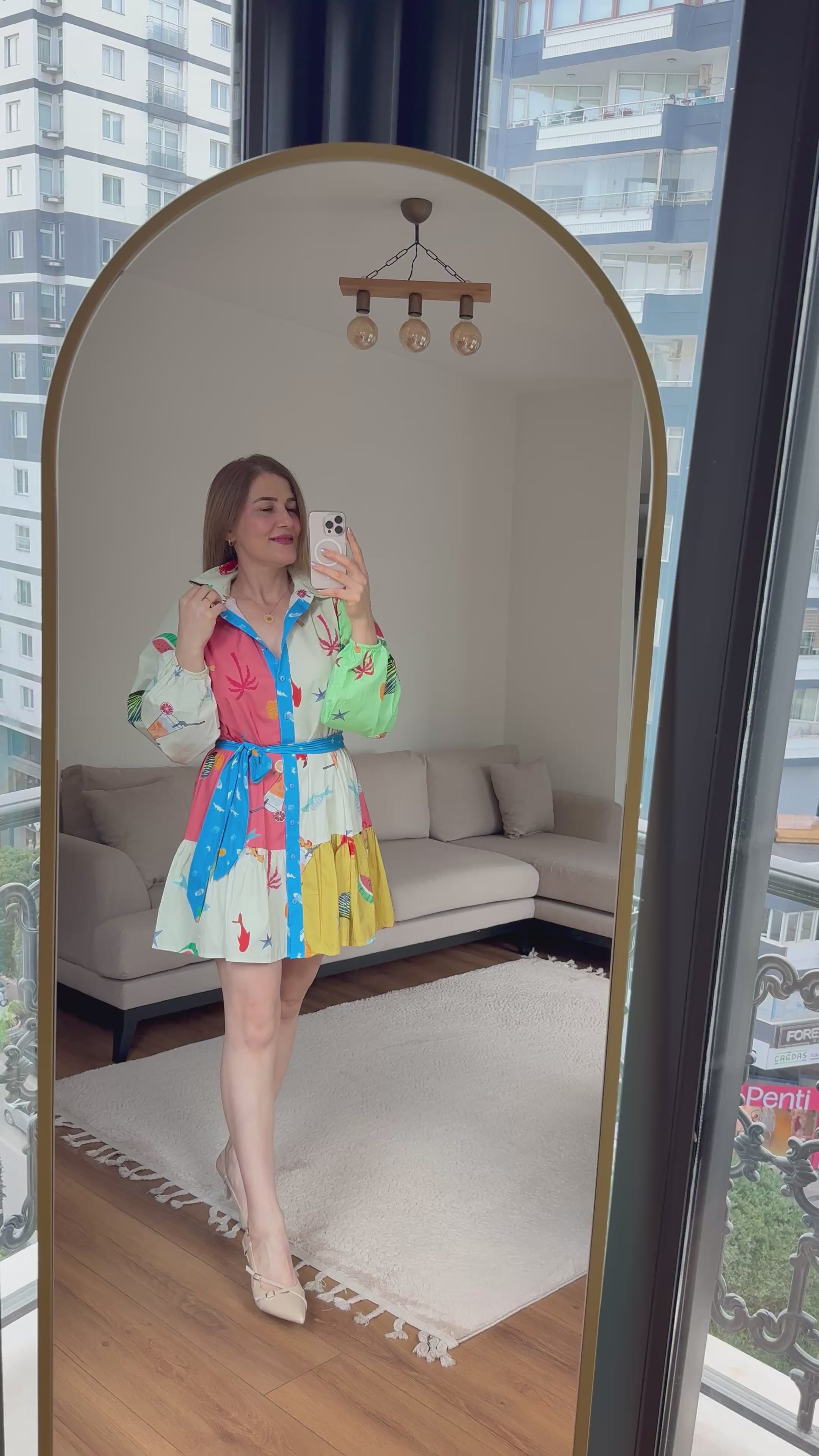 Renkli Desenli Kuşaklı Mini Elbise